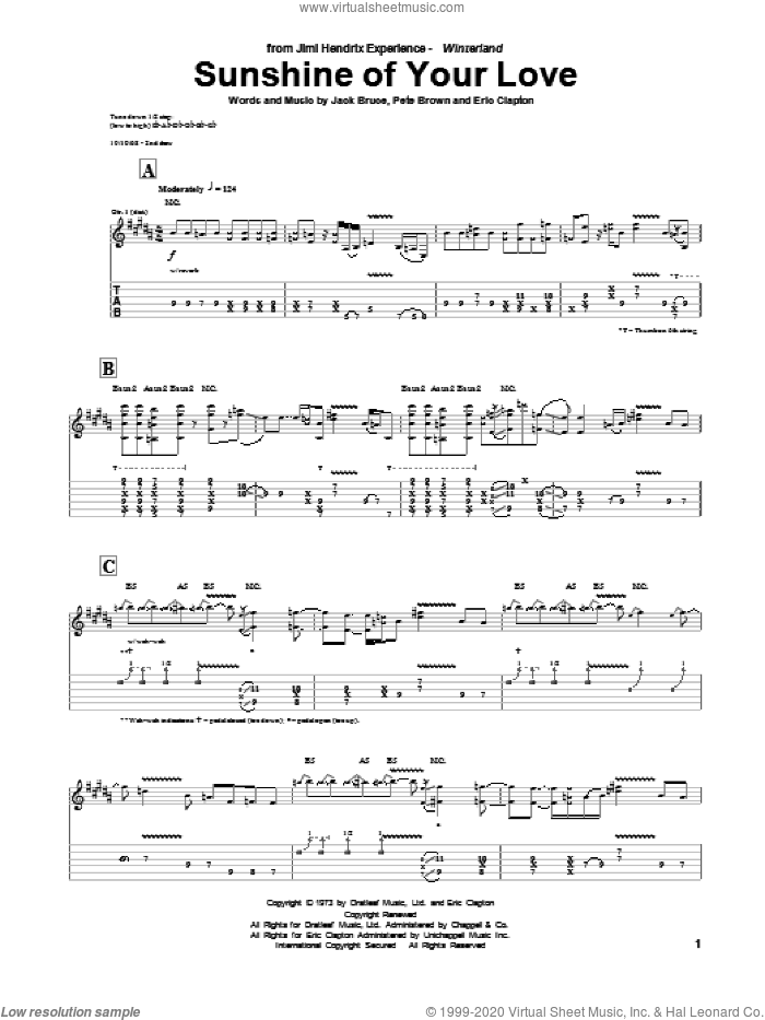 Sunshine Of Your Love sheet music for guitar (tablature) by Jimi Hendrix, Cream, Eric Clapton, Jack Bruce and Pete Brown, intermediate skill level