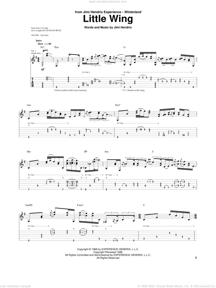 Little Wing sheet music for guitar (tablature) by Jimi Hendrix, intermediate skill level