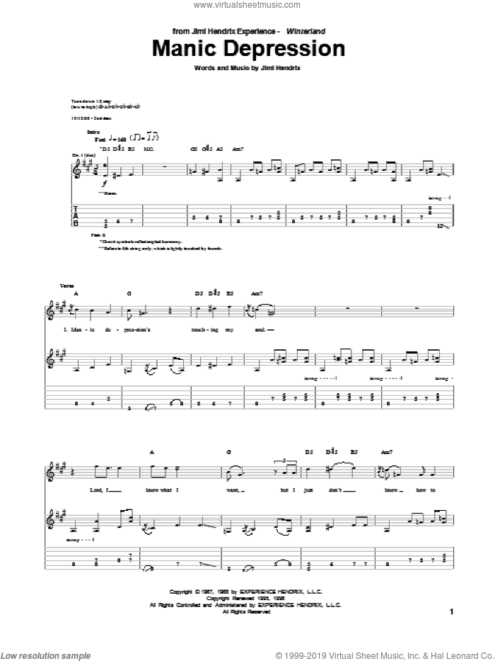 Manic Depression sheet music for guitar (tablature) by Jimi Hendrix, intermediate skill level