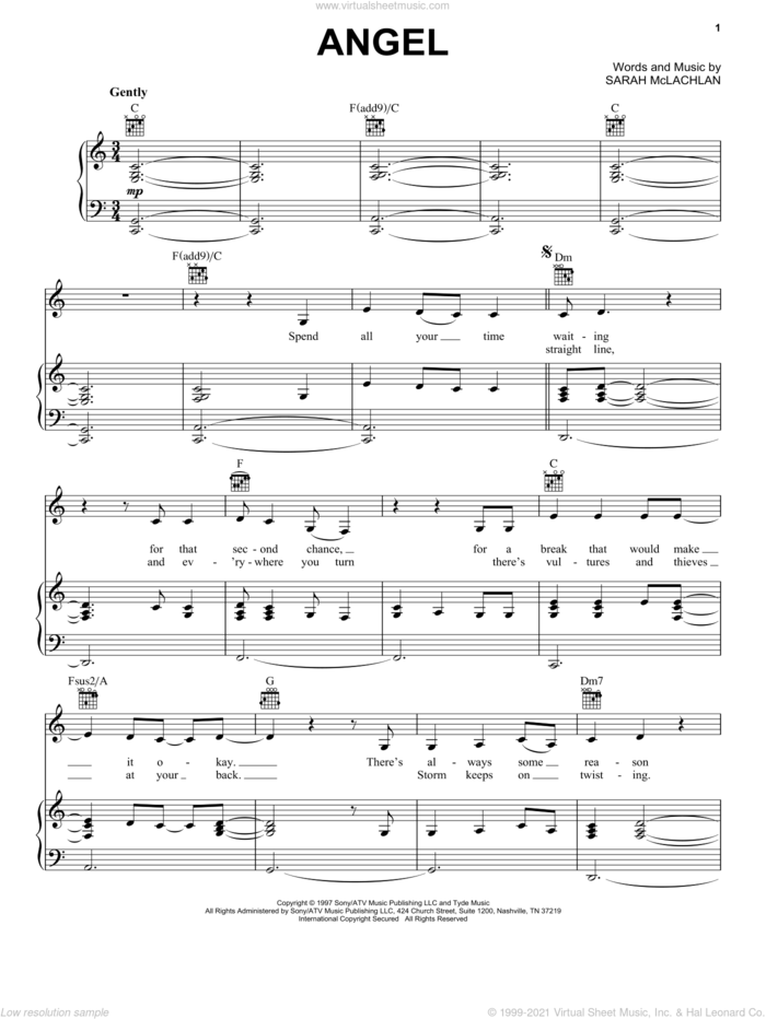 Angel sheet music for voice, piano or guitar by Sarah McLachlan, intermediate skill level