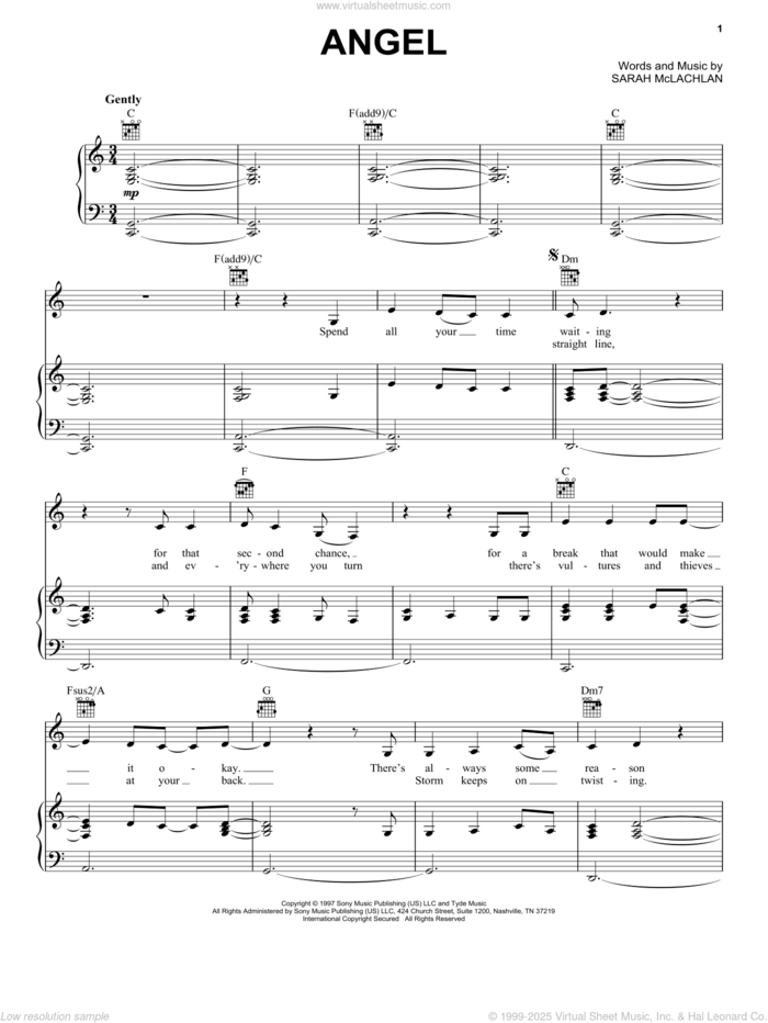 Angel sheet music for voice, piano or guitar by Sarah McLachlan, intermediate skill level