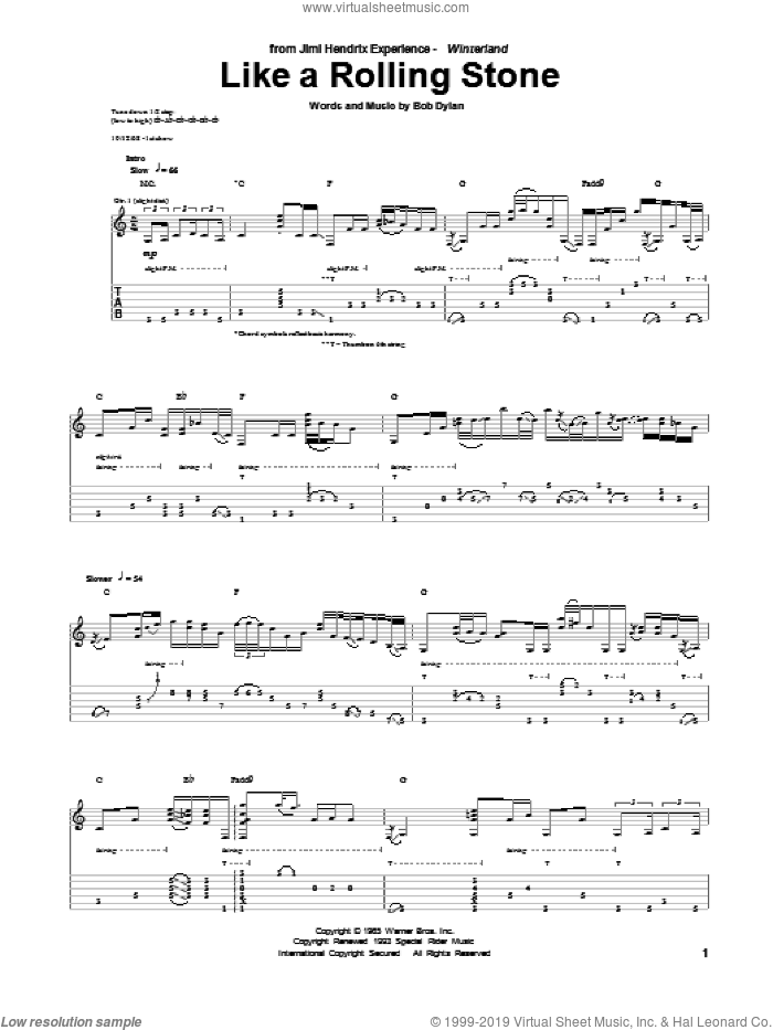 Like A Rolling Stone sheet music for guitar (tablature) by Jimi Hendrix and Bob Dylan, intermediate skill level