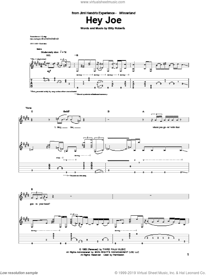 Hey Joe sheet music for guitar (tablature) by Jimi Hendrix and Billy Roberts, intermediate skill level