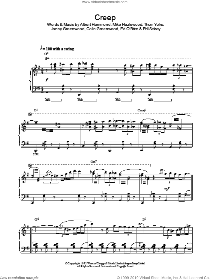 Creep (Jazz Version) sheet music for piano solo by Radiohead, Albert Hammond, Colin Greenwood, Jonny Greenwood, Michael Hazlewood, Phil Selway and Thom Yorke, intermediate skill level