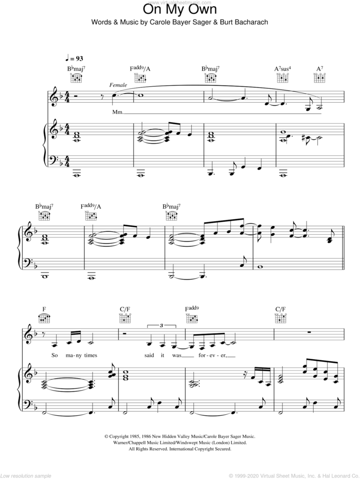 On My Own sheet music for voice, piano or guitar by Patti LaBelle & Michael McDonald, Patti LaBelle & Michael McDonald, Burt Bacharach and Carole Bayer Sager, intermediate skill level