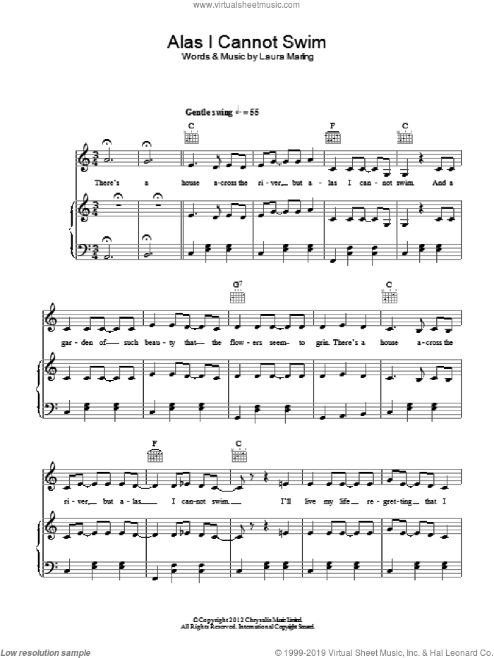 Alas I Cannot Swim sheet music for voice, piano or guitar by Laura Marling, intermediate skill level