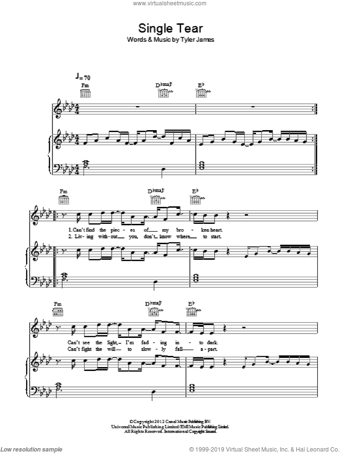 Single Tear sheet music for voice, piano or guitar by Tyler James, intermediate skill level