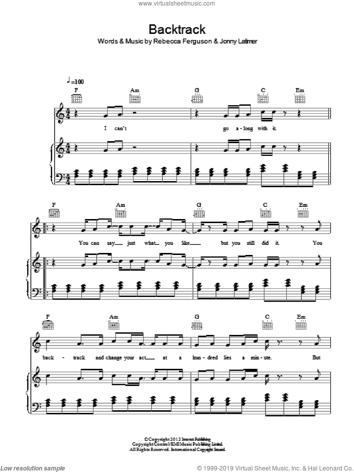 Backtrack sheet music for voice, piano or guitar by Rebecca Ferguson and Jonny Latimer, intermediate skill level