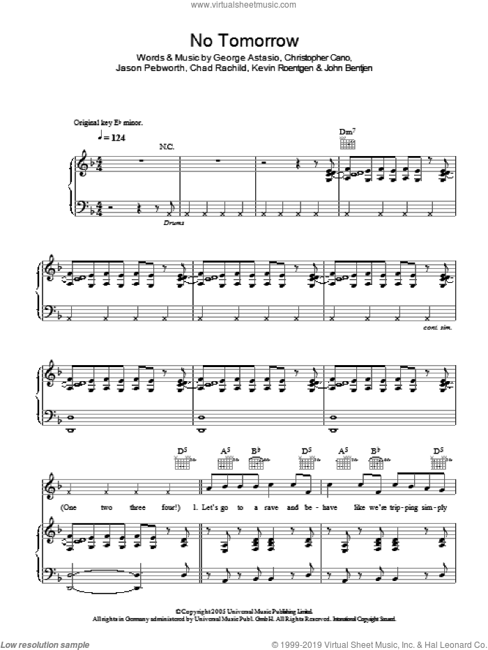 No Tomorrow sheet music for voice, piano or guitar by Orson, Chad Rachild, Christopher Cano, George Astasio, Jason Pebworth, John Bentjen and Kevin Roentgen, intermediate skill level