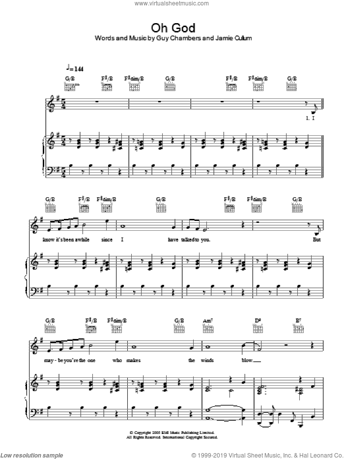 Oh God sheet music for voice, piano or guitar by Jamie Cullum and Guy Chambers, intermediate skill level