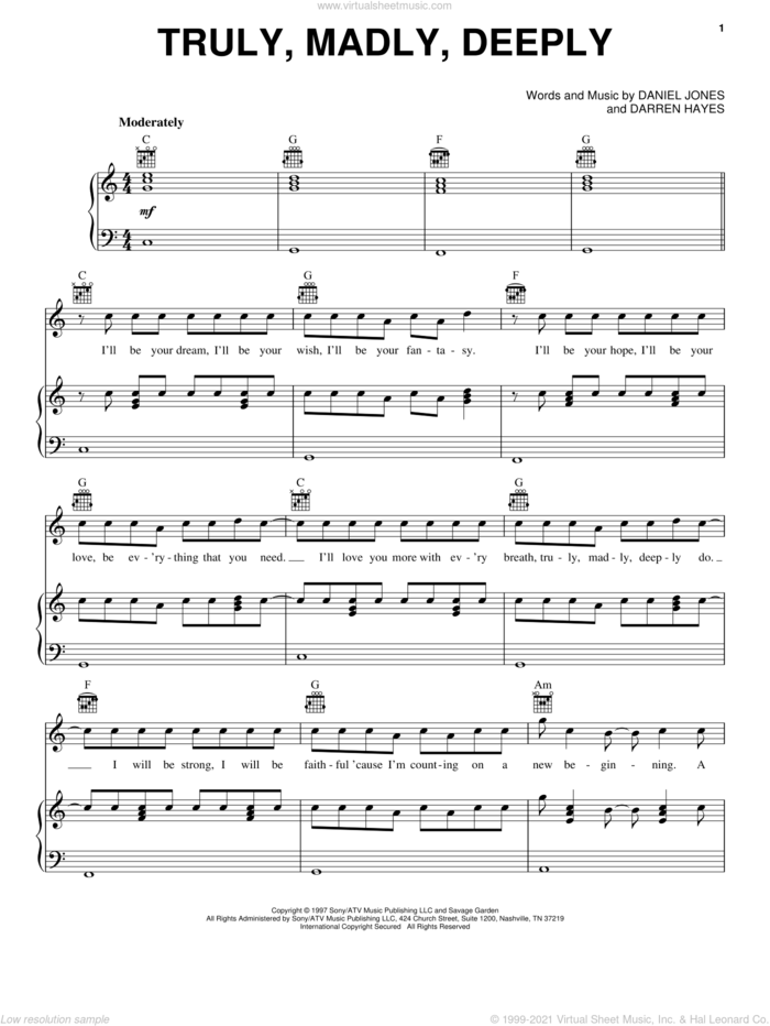 Truly, Madly, Deeply sheet music for voice, piano or guitar by Savage Garden, Danny Jones and Darren Hayes, intermediate skill level