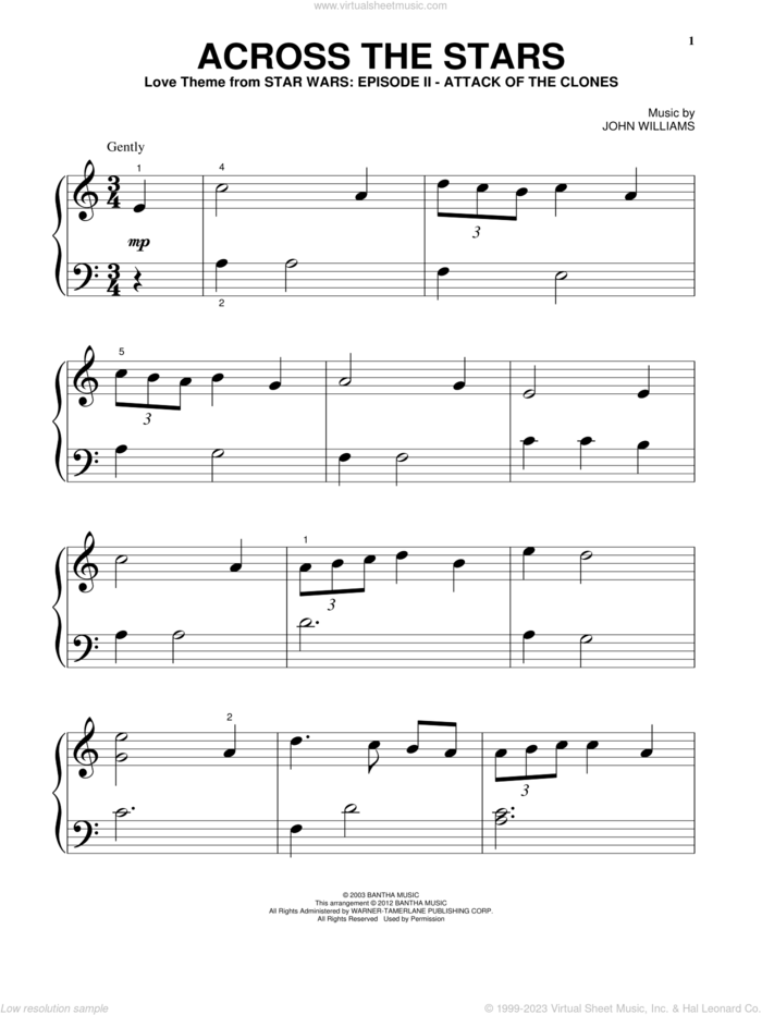 Across The Stars (from Star Wars: Attack of the Clones) sheet music for piano solo (big note book) by John Williams and Star Wars (Movie), easy piano (big note book)