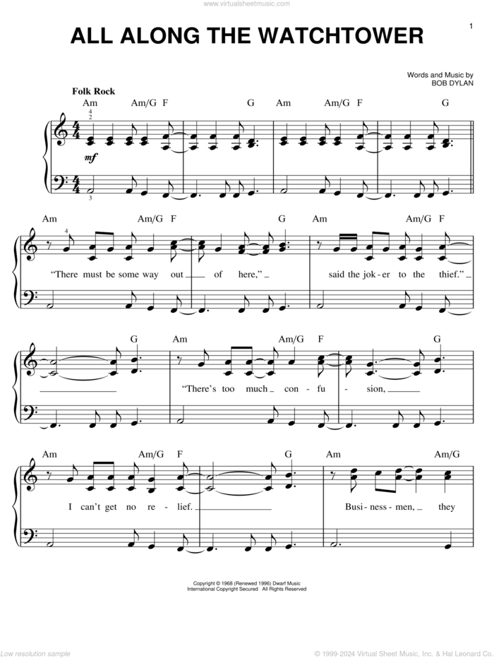 All Along The Watchtower sheet music for piano solo by Bob Dylan, easy skill level