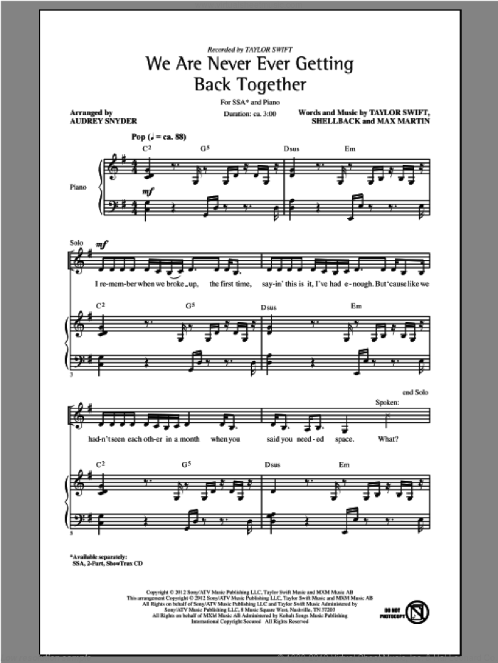 We Are Never Ever Getting Back Together sheet music for choir (SSA: soprano, alto) by Taylor Swift and Audrey Snyder, intermediate skill level