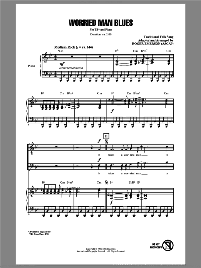 Worried Man Blues sheet music for choir (TB: tenor, bass) by Roger Emerson, intermediate skill level