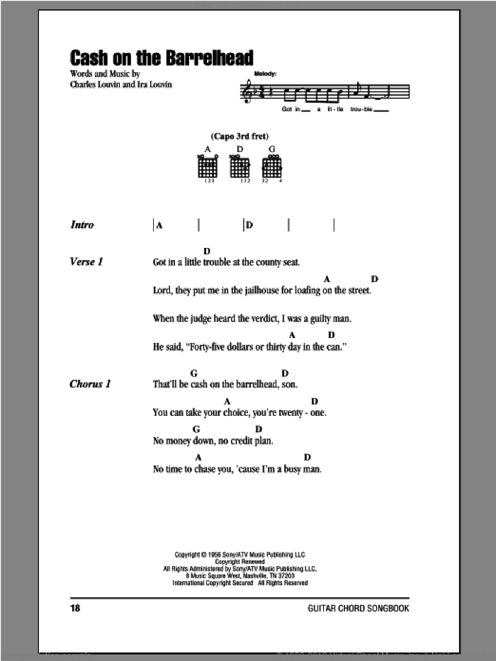 Cash On The Barrelhead sheet music for guitar (chords) by Ira Louvin and Charles Louvin, intermediate skill level