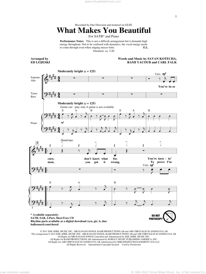What Makes You Beautiful sheet music for choir (SATB: soprano, alto, tenor, bass) by Ed Lojeski and One Direction, intermediate skill level