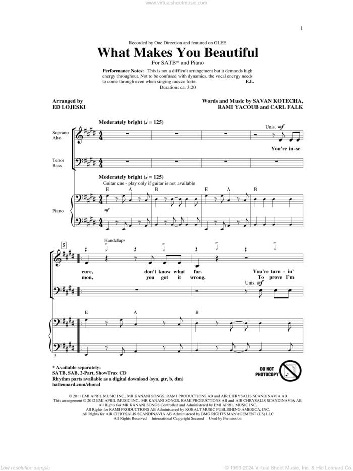 What Makes You Beautiful sheet music for choir (SATB: soprano, alto, tenor, bass) by Ed Lojeski and One Direction, intermediate skill level