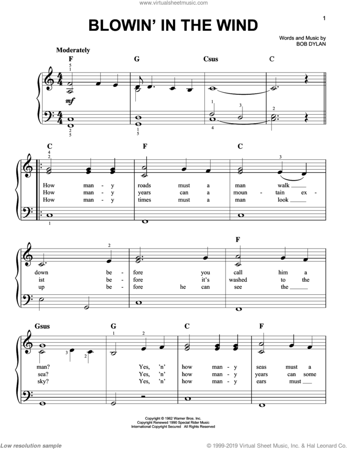 Blowin' In The Wind sheet music for piano solo by Bob Dylan, easy skill level