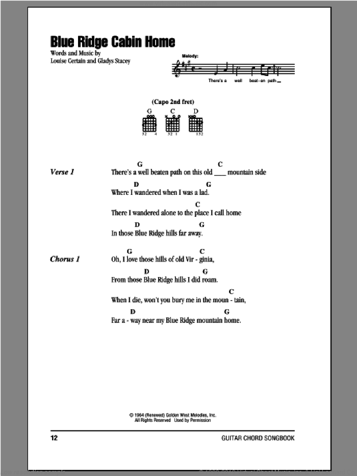 Blue Ridge Cabin Home sheet music for guitar (chords) by Louise Certain and Gladys Stacey, intermediate skill level