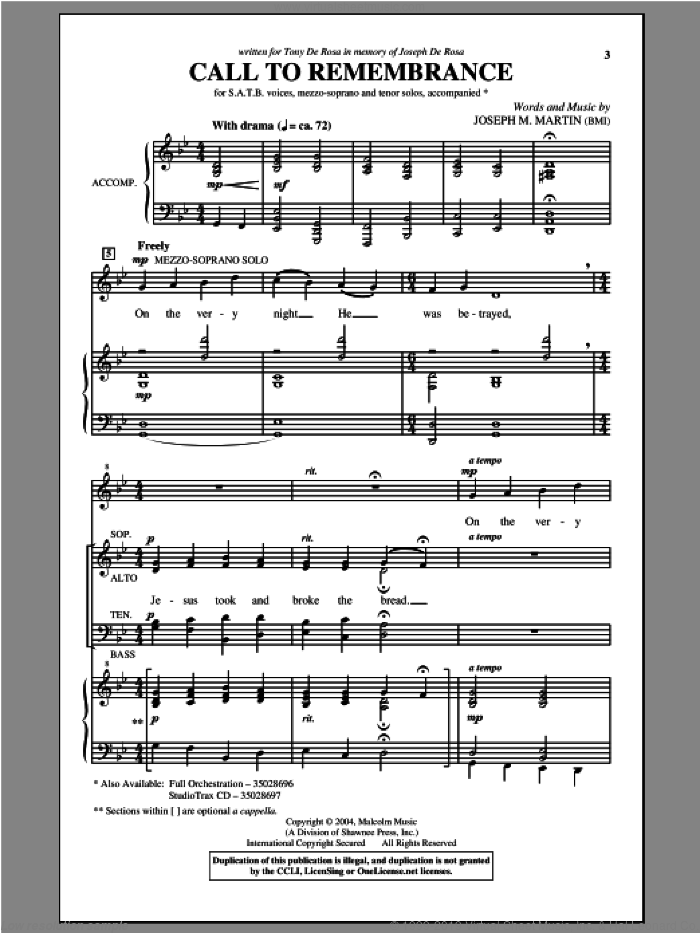 Call To Remembrance sheet music for choir (SATB: soprano, alto, tenor, bass) by Joseph M. Martin, intermediate skill level