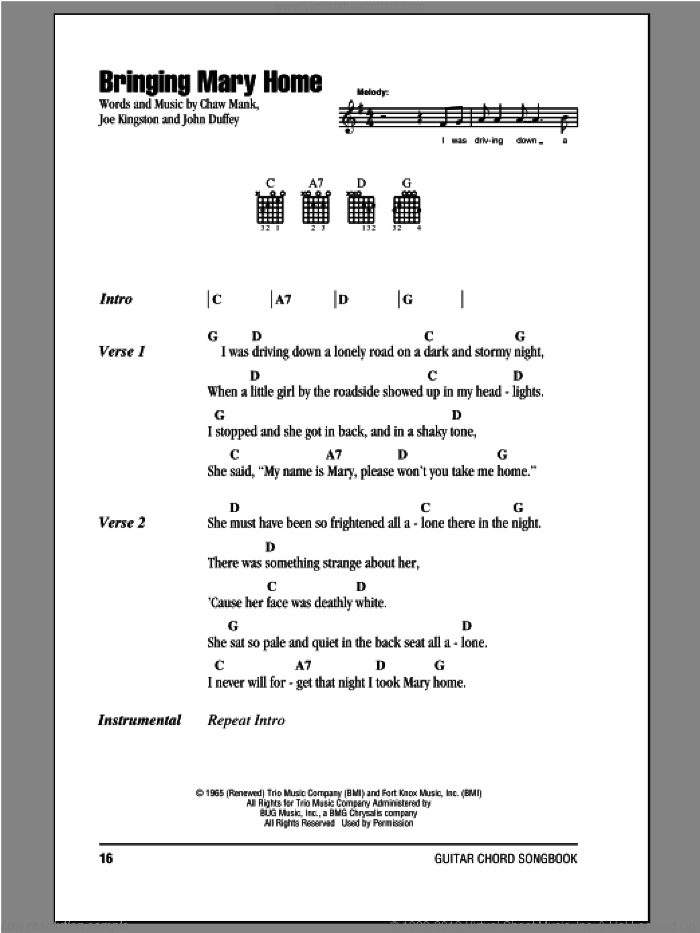 Bringing Mary Home sheet music for guitar (chords) by The Country Gentleman, Chaw Mank, Joe Kingston and John Duffey, intermediate skill level