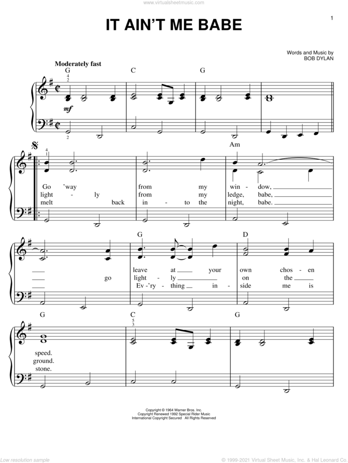 It Ain't Me Babe sheet music for piano solo by Bob Dylan and Johnny Cash, easy skill level