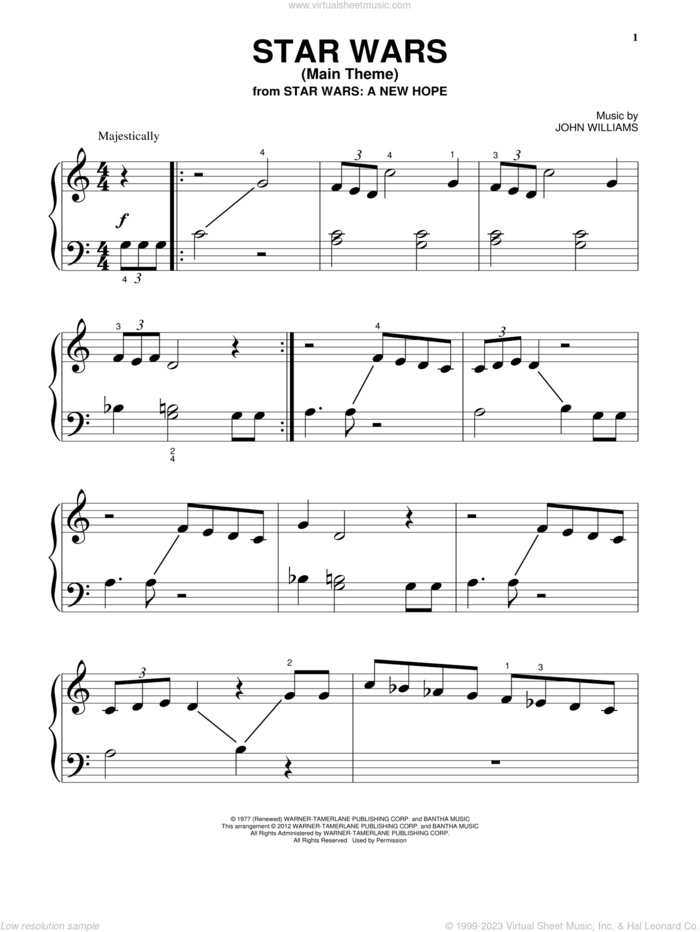 Star Wars (Main Theme) sheet music for piano solo (big note book) by John Williams and Star Wars (Movie), easy piano (big note book)