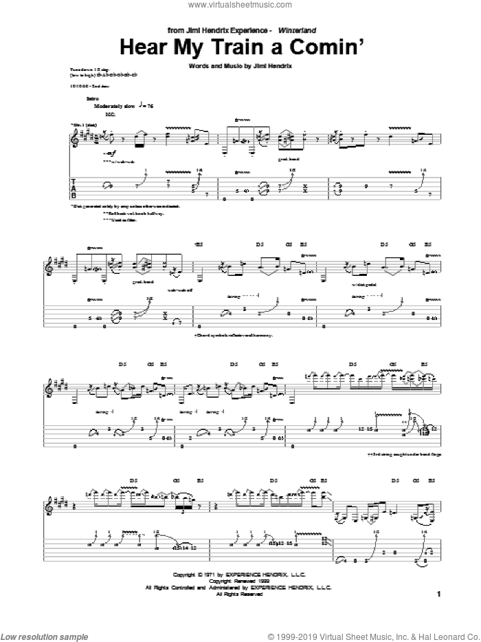 Hear My Train A Comin' sheet music for guitar (tablature) by Jimi Hendrix, intermediate skill level