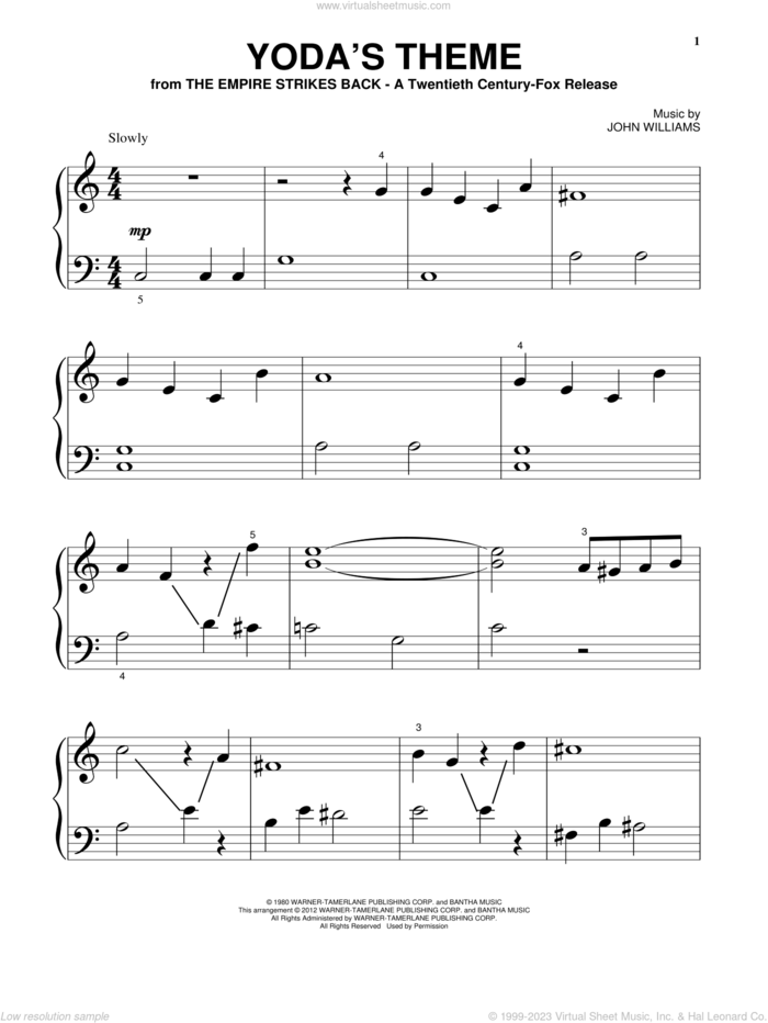 Yoda's Theme (from Star Wars: The Empire Strikes Back) sheet music for piano solo by John Williams and Star Wars (Movie), beginner skill level