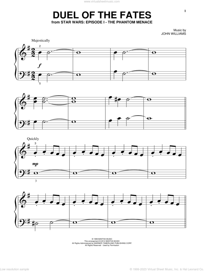 Duel Of The Fates (from Star Wars: The Phantom Menace) sheet music for piano solo (big note book) by John Williams and Star Wars (Movie), easy piano (big note book)
