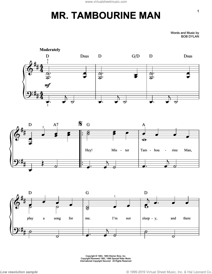 Mr. Tambourine Man, (easy) sheet music for piano solo by Bob Dylan, easy skill level