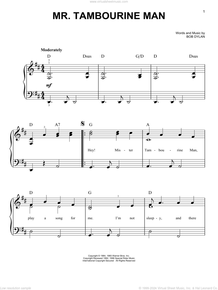 Mr. Tambourine Man, (easy) sheet music for piano solo by Bob Dylan, easy skill level