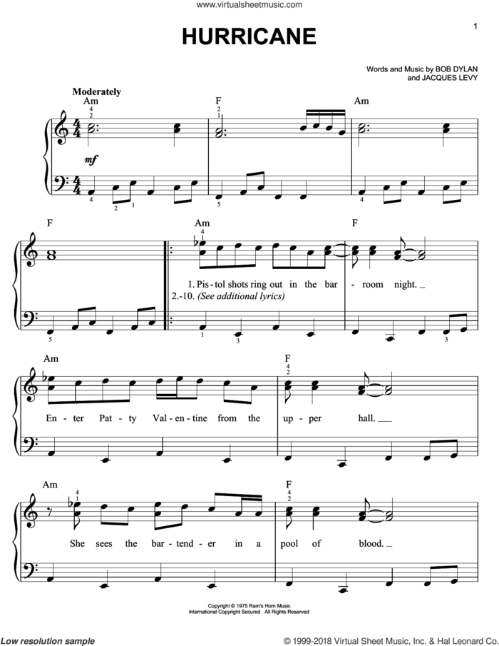 Hurricane sheet music for piano solo by Bob Dylan and Jacques Levy, easy skill level