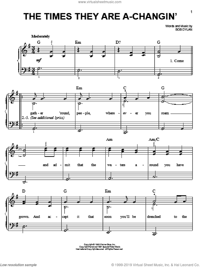 The Times They Are A-Changin' sheet music for piano solo by Bob Dylan and Peter, Paul & Mary, easy skill level