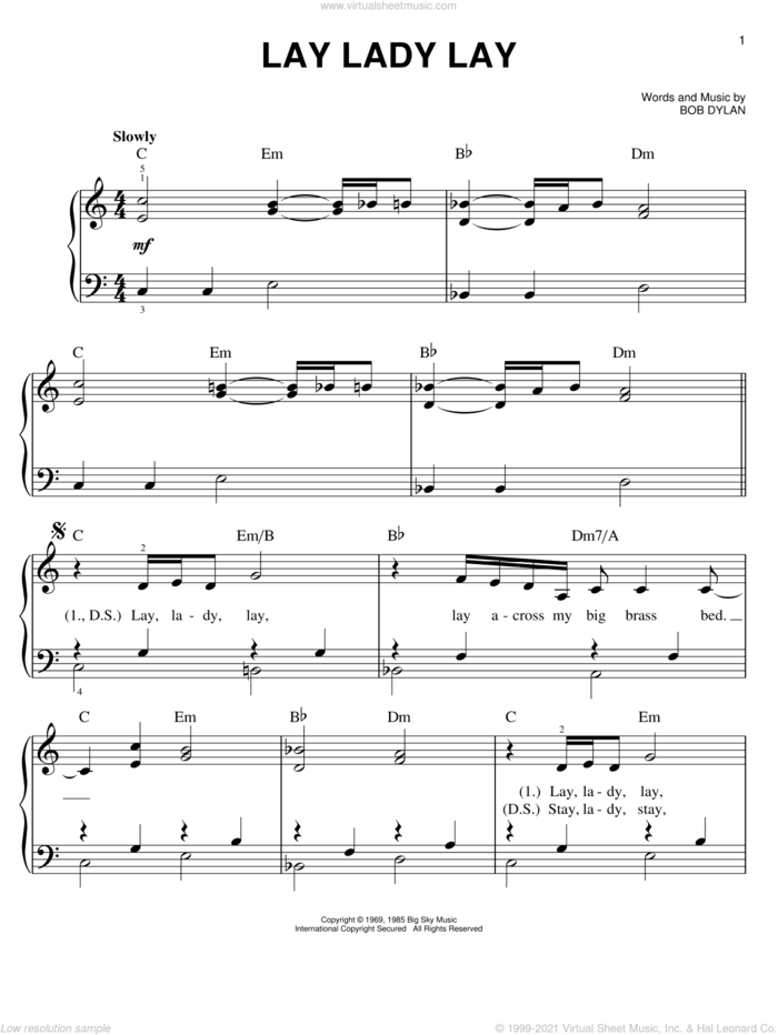 Lay Lady Lay sheet music for piano solo by Bob Dylan, easy skill level