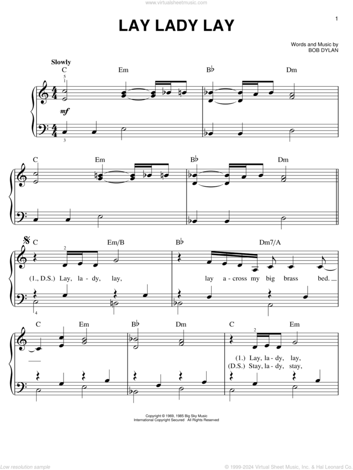 Lay Lady Lay sheet music for piano solo by Bob Dylan, easy skill level