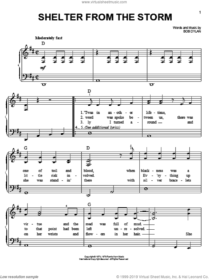 Shelter From The Storm sheet music for piano solo by Bob Dylan, easy skill level