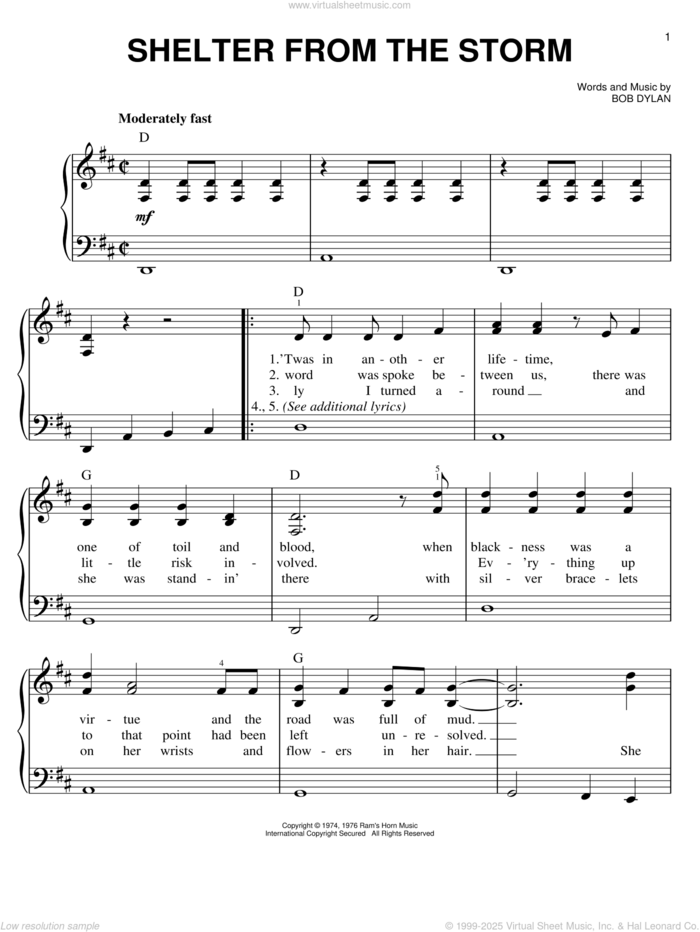 Shelter From The Storm, (easy) sheet music for piano solo by Bob Dylan, easy skill level