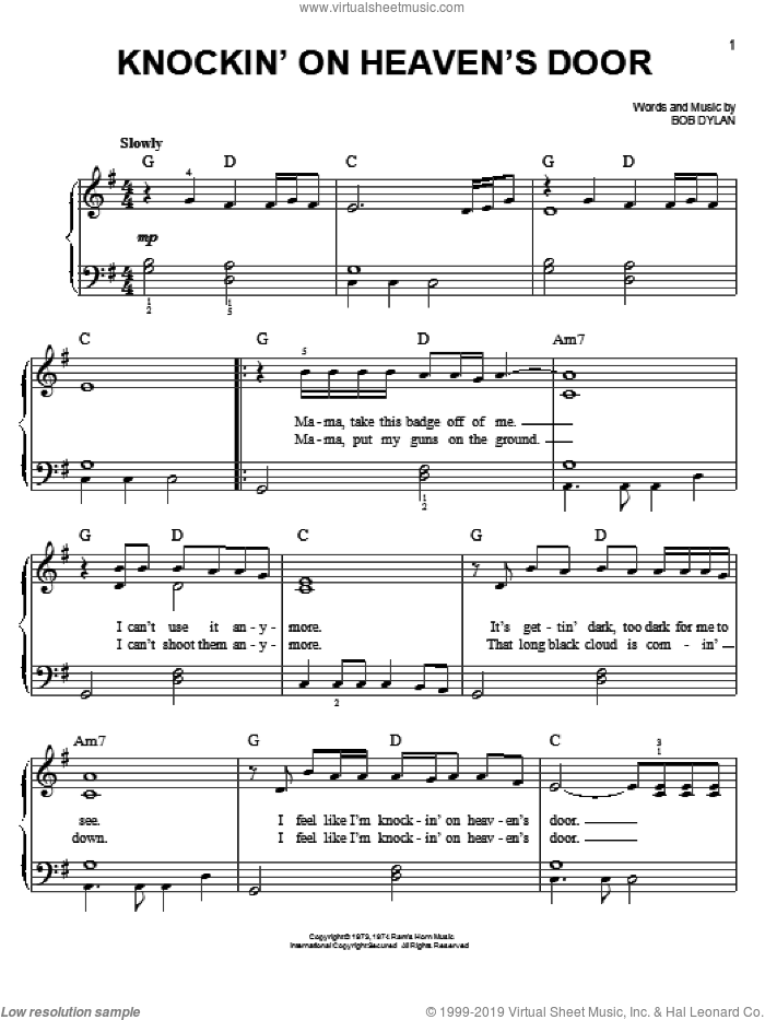 Knockin' On Heaven's Door sheet music for piano solo by Bob Dylan and Eric Clapton, easy skill level