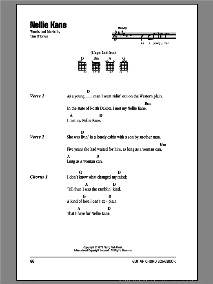 Nellie Kane sheet music for guitar (chords) by Tim O'Brien, intermediate skill level
