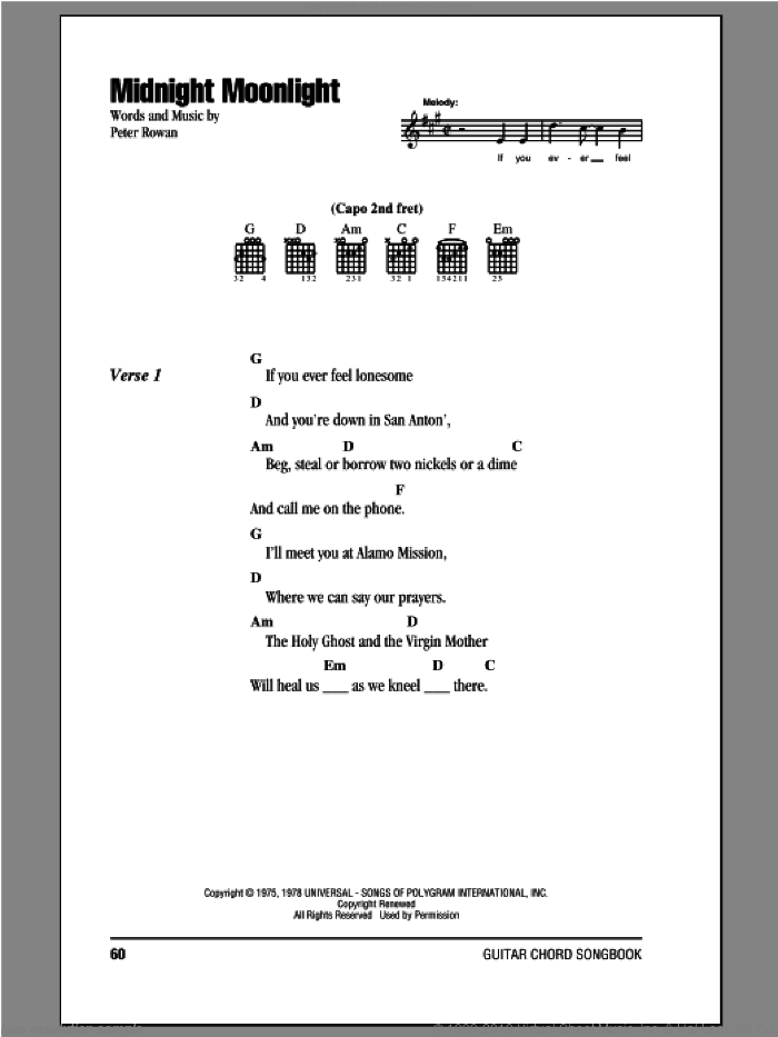 Midnight Moonlight sheet music for guitar (chords) by Peter Rowan, intermediate skill level