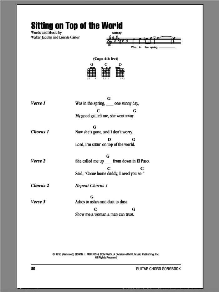 Sitting On Top Of The World sheet music for guitar (chords) by Doc Watson, Lonnie Carter and Walter Jacobs, intermediate skill level