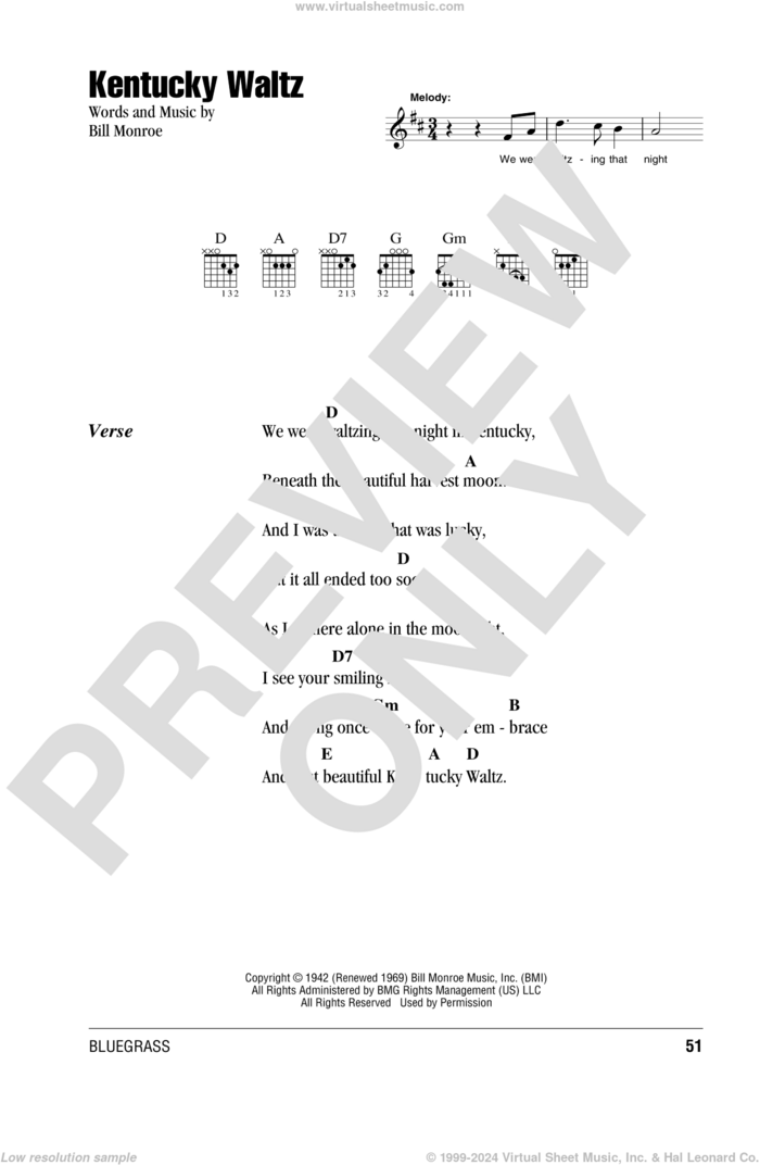 Kentucky Waltz sheet music for guitar (chords) by Eddy Arnold and Bill Monroe, intermediate skill level