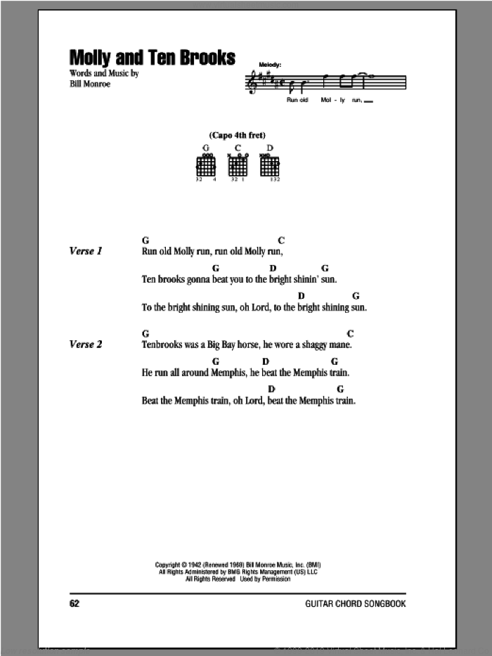 Molly And Ten Brooks sheet music for guitar (chords) by Bill Monroe, intermediate skill level