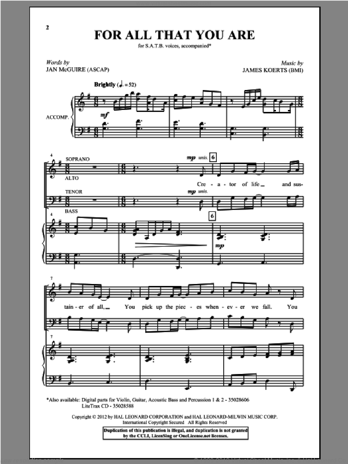 For All That You Are sheet music for choir (SATB: soprano, alto, tenor, bass) by James Koerts and Jan McGuire, intermediate skill level