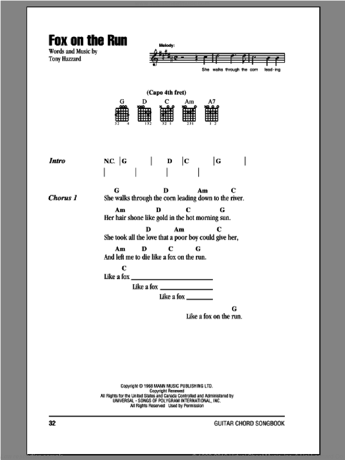 Fox On The Run sheet music for guitar (chords) by Bill Emerson and Tony Hazzard, intermediate skill level