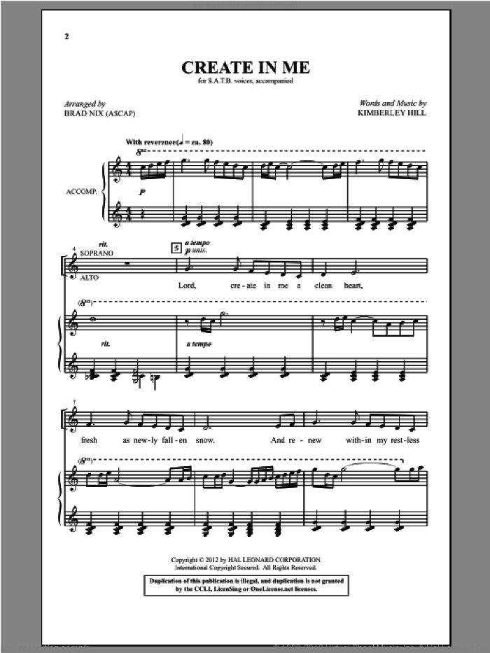 Create In Me sheet music for choir (SATB: soprano, alto, tenor, bass) by Kimberley Hill and Brad Nix, intermediate skill level