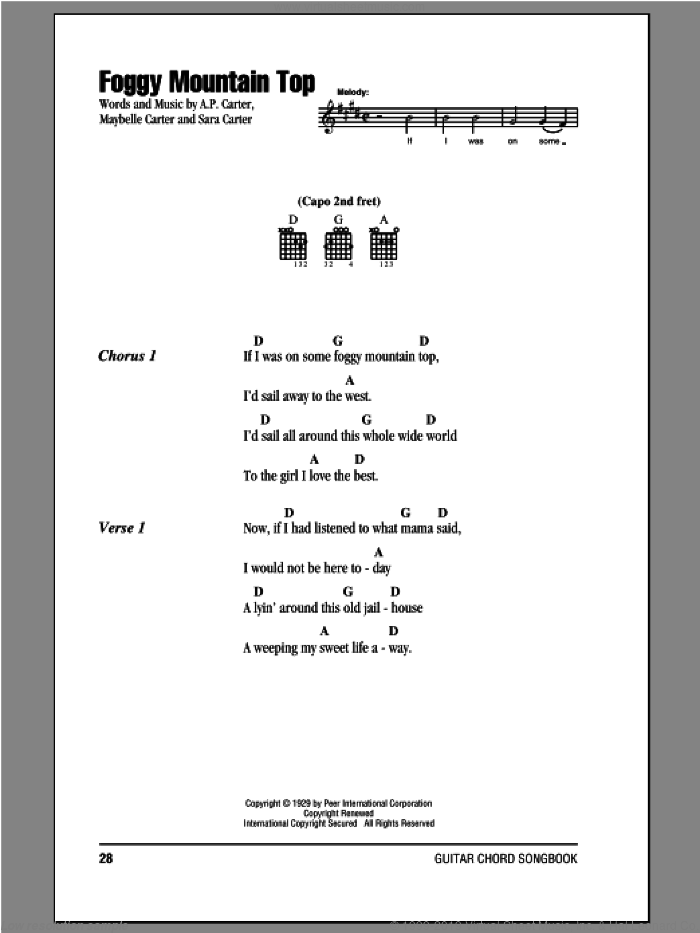 Foggy Mountain Top sheet music for guitar (chords) by The Carter Family, A.P. Carter, Maybelle Carter and Sara Carter, intermediate skill level