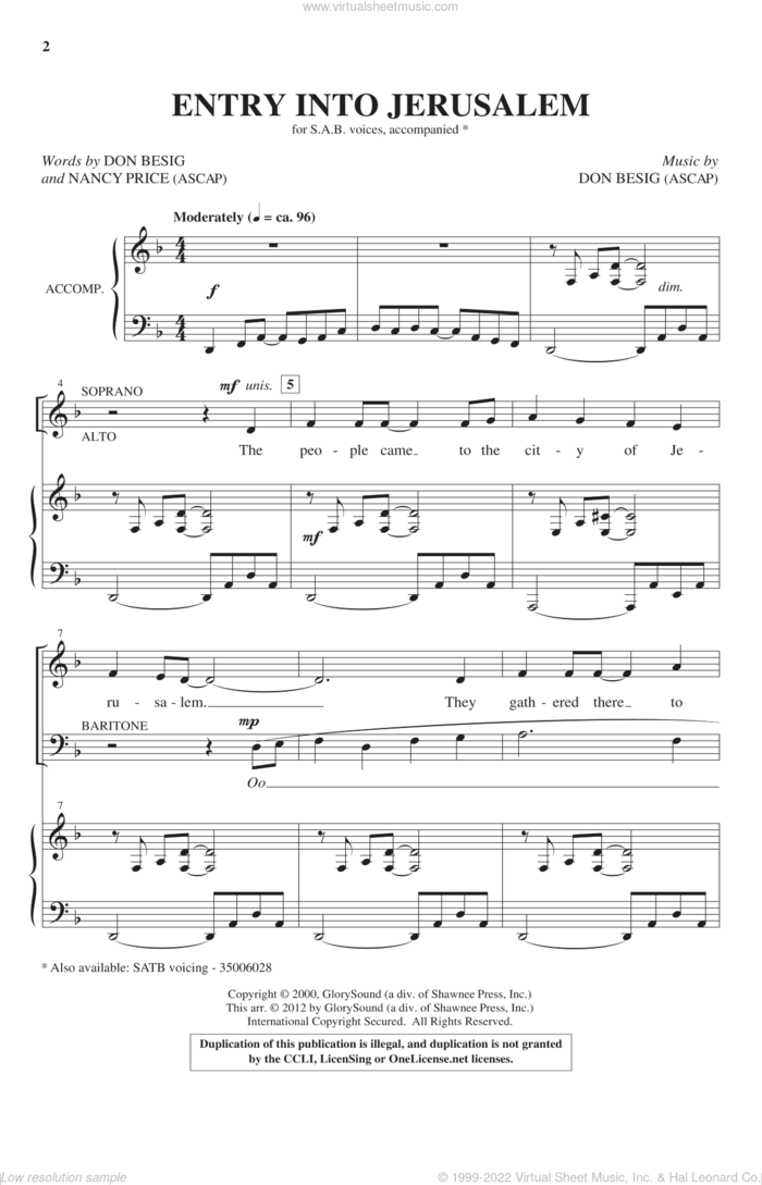 Entry Into Jerusalem sheet music for choir (SAB: soprano, alto, bass) by Don Besig and Nancy Price, intermediate skill level